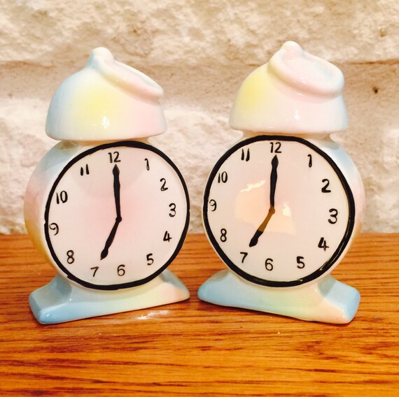 Pastel Alarm Clock with Whipping Cream Salt and Pepper Shakers