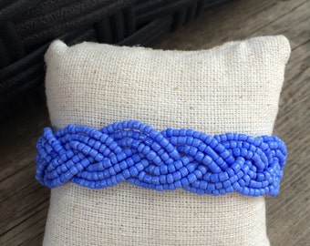 Periwinkle beaded bracelet, braided cuff bracelet, periwinkle cuff bracelet, periwinkle bracelet, periwinkle bridesmaid, cornflower bracelet