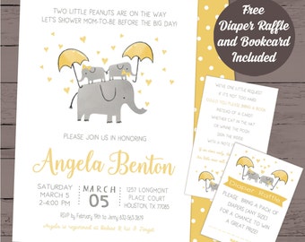 Twins baby shower invitation and book card and diaper raffle combo