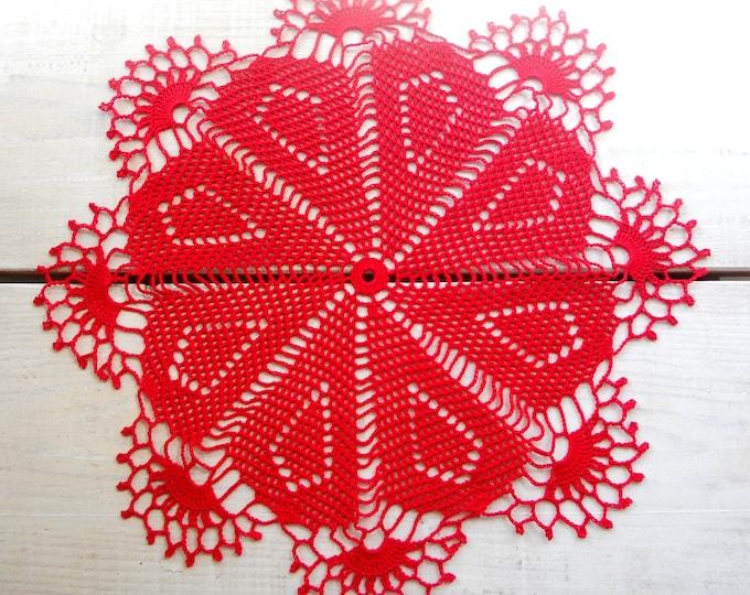 14 inch Red Lace Crochet Doily, Handmade Gift for Her, Victorian Style Interior, Vintage Style Home Decor, Crochet Tablecloth, Red Table