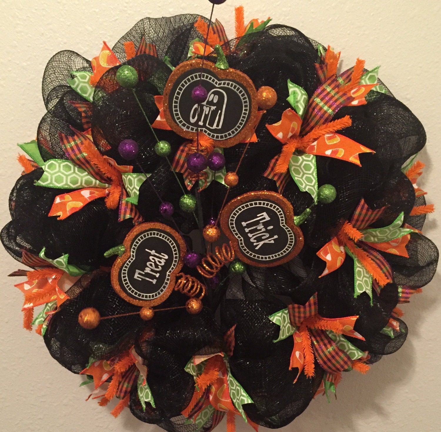Halloween Wreath Mesh Wired Ribbon in Orange Black Green