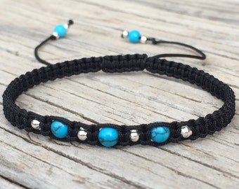 Blue Turquoise Bead Macrame Bracelet, Turquoise Anklet, Cord Friendship Bracelet, Surf Bracelet, Turquoise Anklet, Macrame Anklet, Gift
