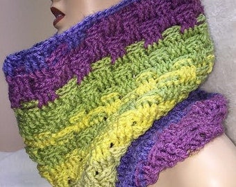 Small Multi Color Cowl, Basketweave Cowl, Purple Cowl, Cowl Scarf, Crochet Cowl, Crocheted Scarf, Neckwarmer Scarf