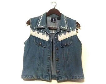 1980s 1990s bedazzled denim vest // cute 1980s pastel denim vest