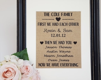 Special Dates Sign - Important Dates Sign - Our Love Story - Family Name Sign - Burlap Family Sign - First We Had Each Other - Burlap Print