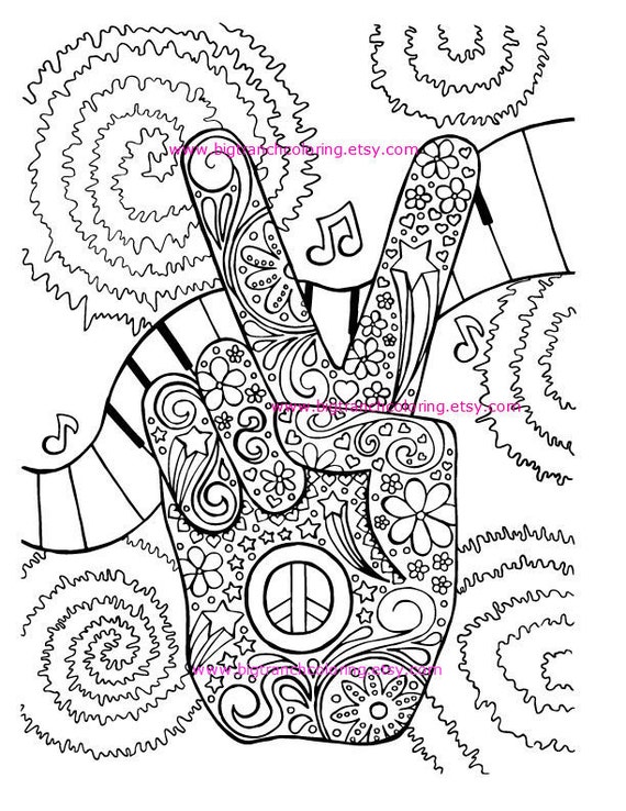 Adult Coloring Page Hippie Retro Peace Colouring