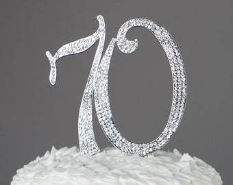 70 Cake Topper, 70th Birthday or Anniversary Party Decorations, Silver Rhinestone Metal Number, Party Supplies and Decoration Ideas