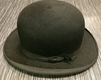 Vintage 1950's The Vellum Black 100% Wool Bowler Hat Size Small Steampunk Burlesque