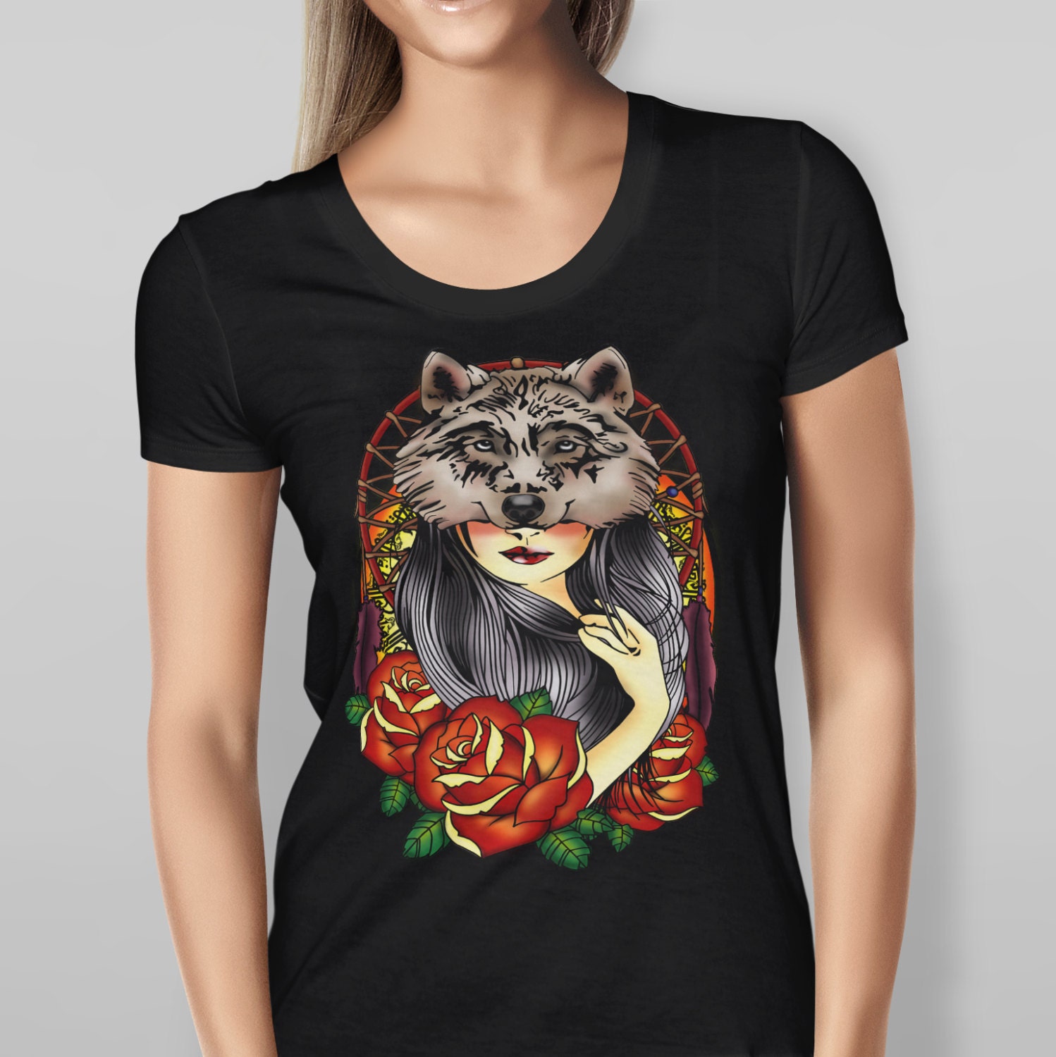 Womens Black Wolf Girl Tshirt Features print of woman