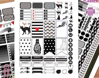 Black & White CAT Planner Stickers Printable, HAPPY PLANNER, Monthly/Weekly Kit, Printable Sampler, Happy planner kit, Instant download
