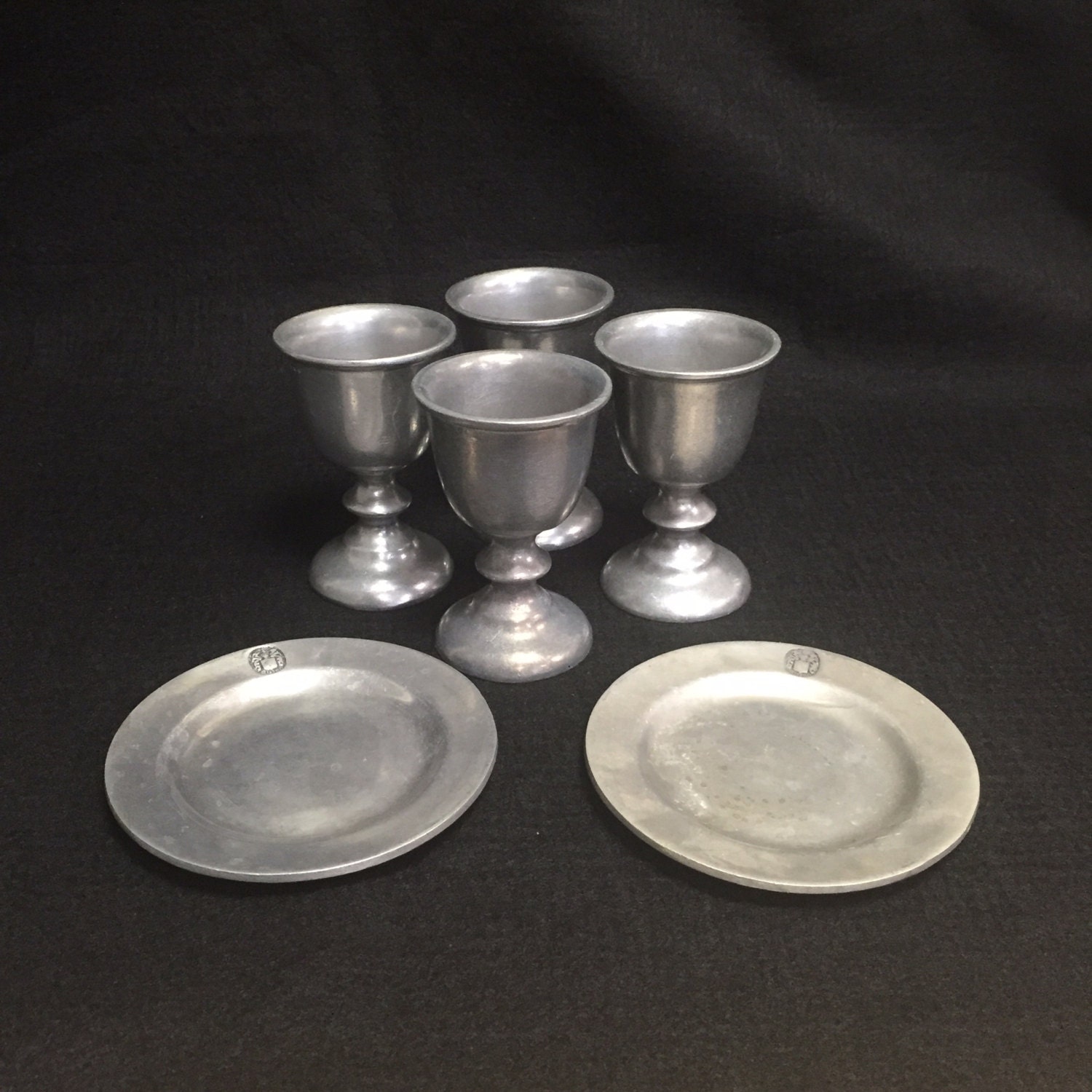 Set of 4 Wilton Pewter Goblets w/ 2 Saucers with Colonial