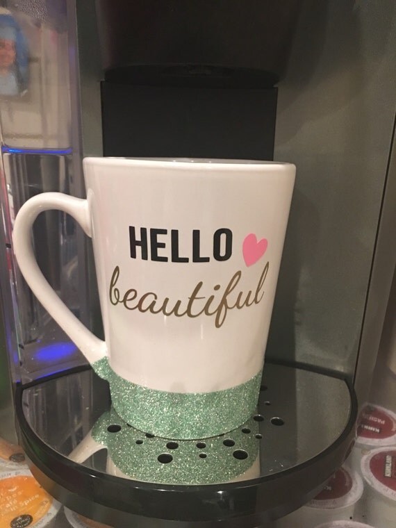 Hello Beautiful 14 oz Mug//Glittered Coffee by TheSparkleBazaar