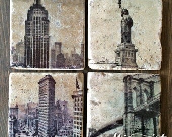 New York City NYC Stone Coaster Set, Handmade Travertine Stone Tile, Empire State, Statue of Liberty, Brooklyn Bridge, Flatiron, Skyline
