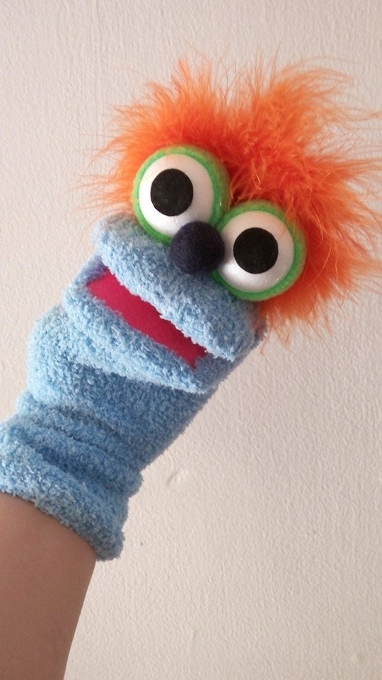 blue sock puppet moving mouth puppet hand puppet by