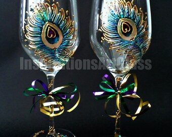 Peacock glasses, Wine glass art, Hand painted wine glasses, Birthday gift idea, Oversized red wine glasses, Toasting Glasses, Set of 2
