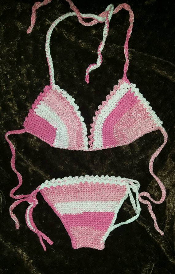 Items similar to Pink and white handmade crocheted bikini on Etsy