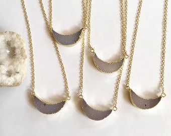 Crescent Agate Druzy Necklace // Gold Dipped // Crystal Jewelry // 16" Long // 18k Gold PLated Chain // Chakra // Healing // Natural Stone