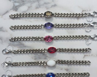 ROCK CANDY Silver Bracelet || Oval Swarovski Crystal Bracelet || Stackable || Arm Stack || Curb Chain || Silver Bracelet || Stacking