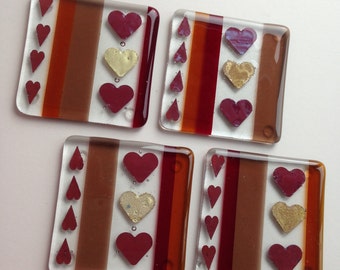Fused Glass Coasters, Set of 4, Heart Design