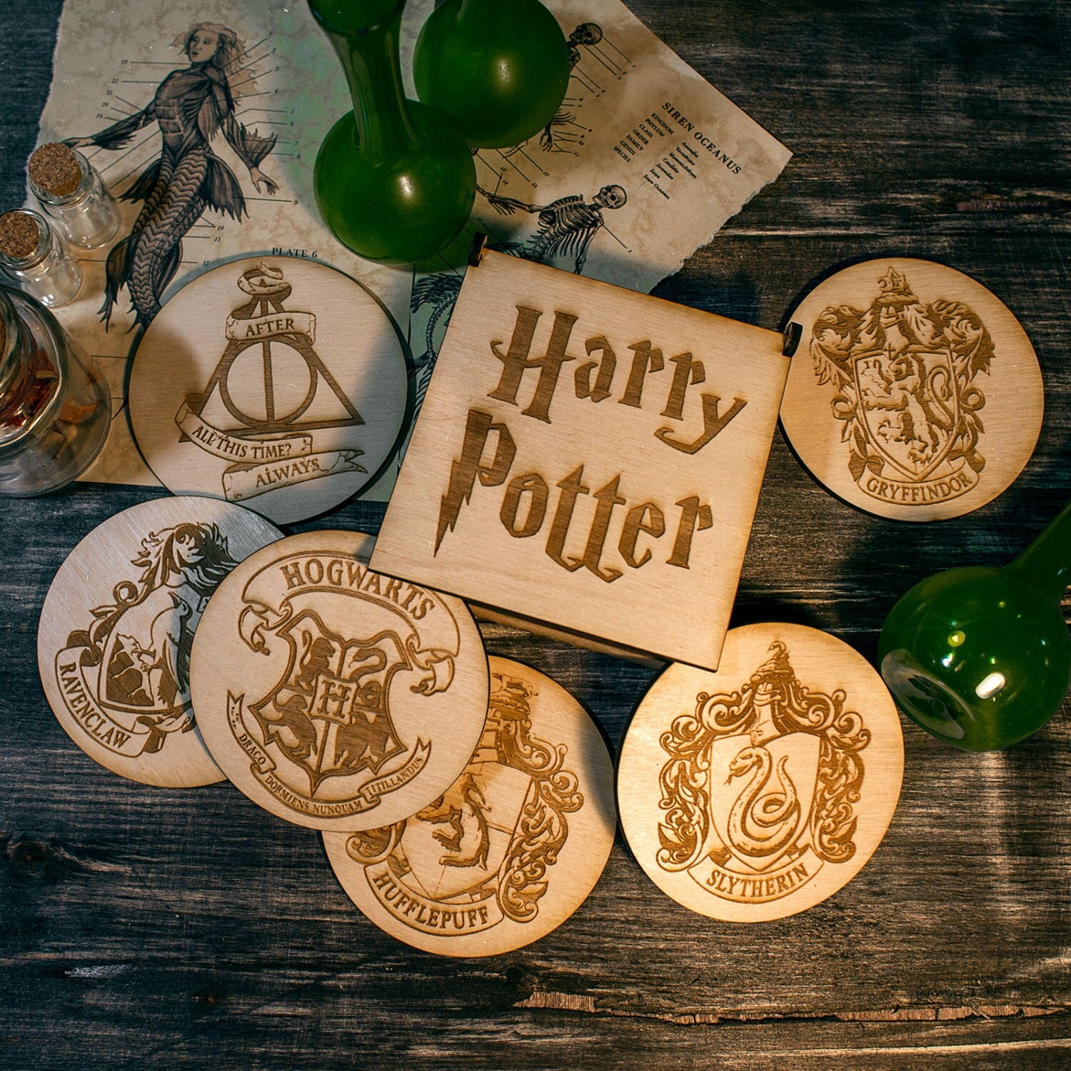 Harry Potter wood wooden coasters set of 6 Hogwarts