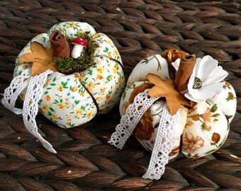 Primitive Rustic Vintage Fabric Pumpkin Autumn Decor Shabby Chic Fall x 2 Yellow Set