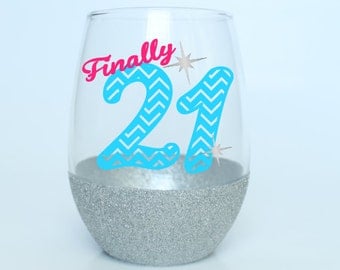 21st Birthday Wine Glass - Birthday Wine Glass - Glitter Wine Glass - Stemless Wine Glass - 21st Birthday Gift - Free Personalization!