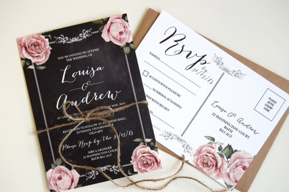 Rustic Chalkboard Wedding Invitation and Vintage Rsvp Postcard Set (sample)