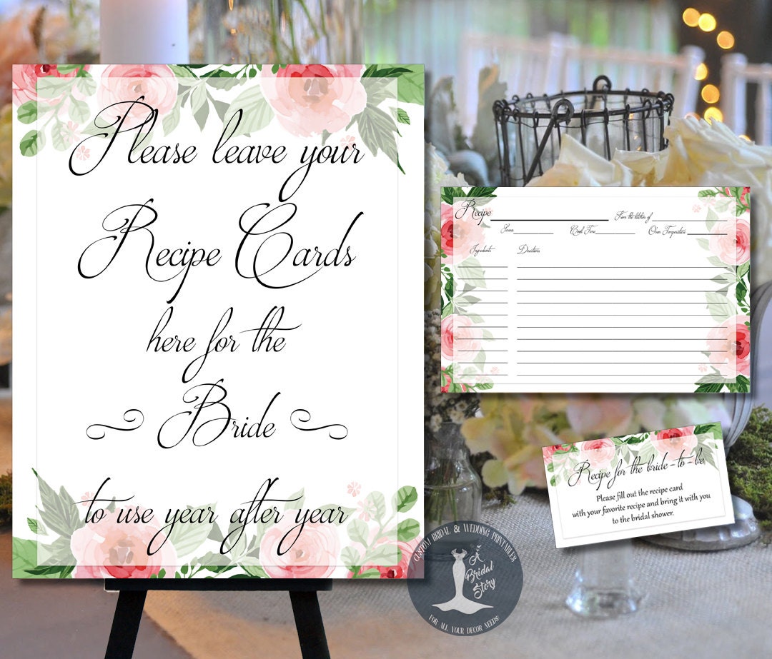 Bridal Shower Recipe Cards Inserts and Sign Printable Floral
