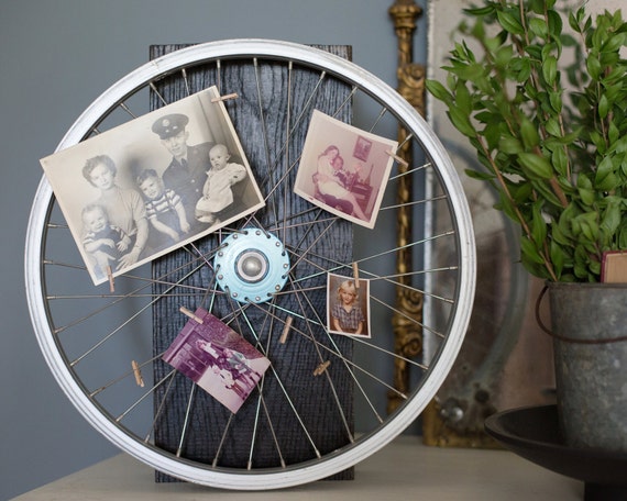 Reclaimed Bicycle Wheel Photo Display with Eight Miniature Clothespins