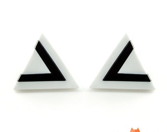 Geometric Lasercut Plexiglass Stud Earrings White And Black Triangles