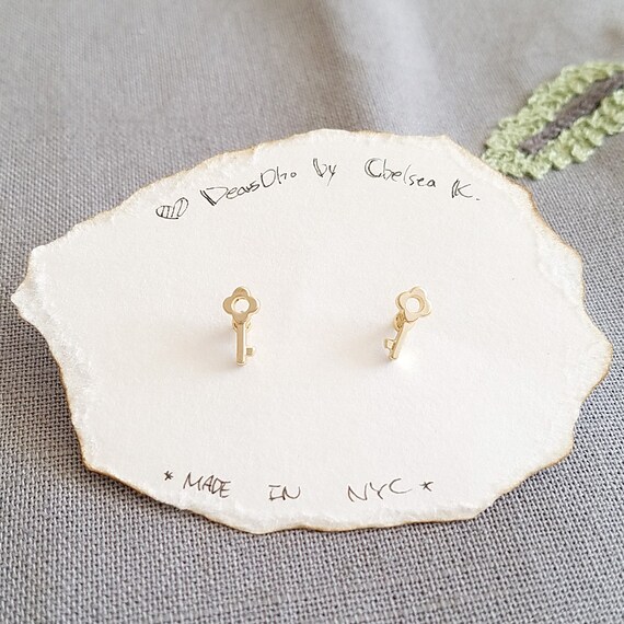 Key Lock Stud Brass Post Earrings Simple Fun Wear Cute Tiny