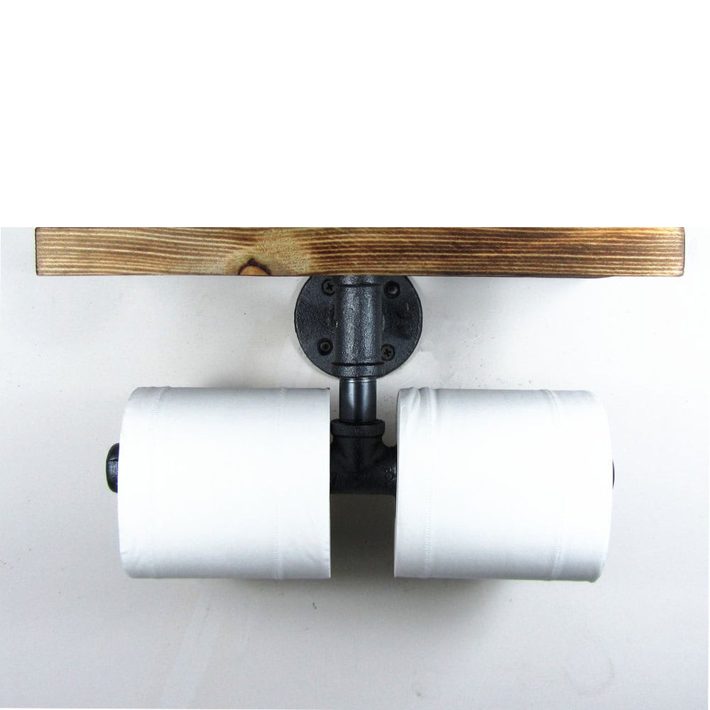 Industrial Double Toilet Paper Holder with Top Shelf Rustic