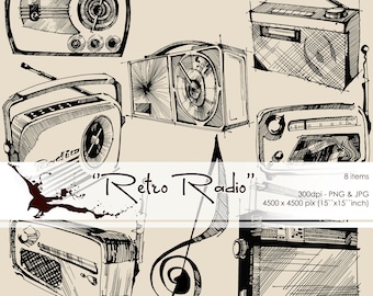 Retro Radio - Vintage Design Elements, Digital Clipart, Calligraphy Black Silhouette Clipart, PNG, Graphic Design Elements in Inks.