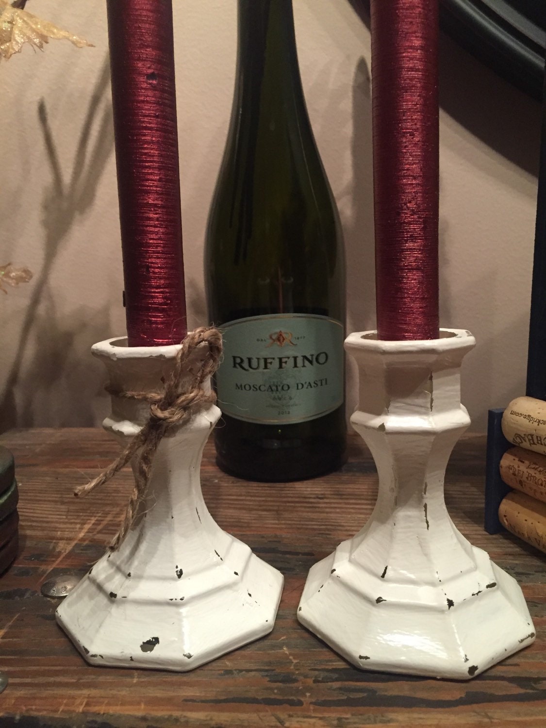 Antique White Rustic Distressed Candle Holders, Set of Two (2) French