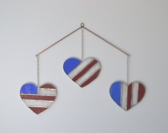 Stained Glass Red White and Blue American Flag Hearts