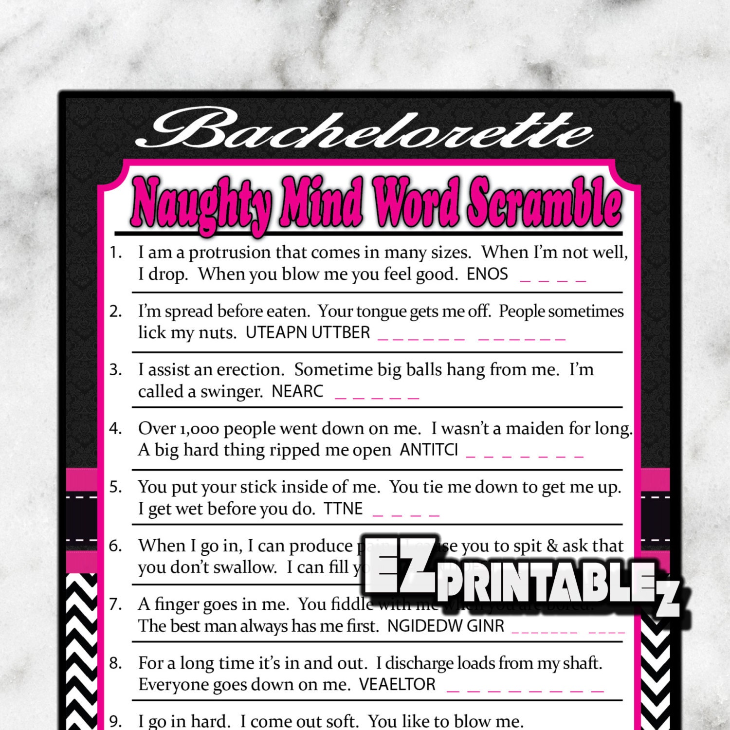 bachelorette party game printable naughty mind word