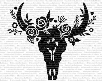 cow skull black, svg, cut, file, decal, bull, horns, country, silhouette, head, flowers, floral, leaves, decal, vector, design
