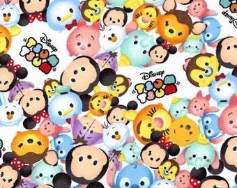 Disney Tsum Tsum Fabric: Mickey Mouse and friends Packed Characters Logo White 100% cotton Fabric by the yard 36"x43" (SC664)