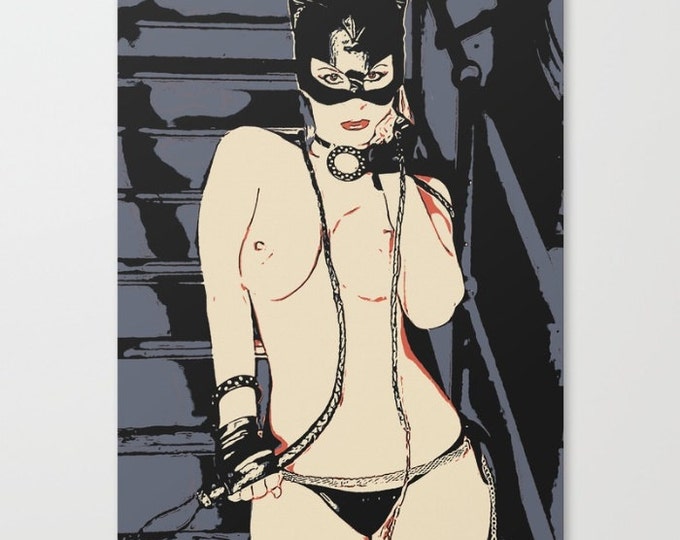 Erotic Art Canvas Print - Meow! Naughty Cat Girl, unique sexy pop art style print, Catwoman in BDSM, bondage, sensual high quality artwork