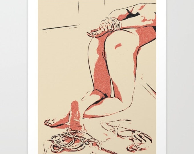Erotic Art Giclée Print - Naughty with rope, sensual bdsm, fetish print, tied girl nude, naked body, sensual bdsm artwork, high res 300dpi