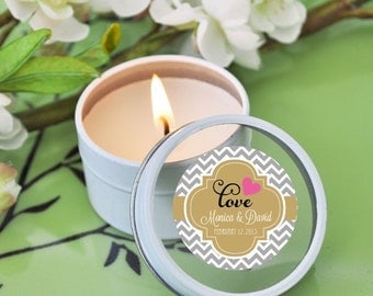 Personalized ROUND themed candle tins-candle favors, wedding candle favors, bridal shower favors, birthday favors, 50th birthday