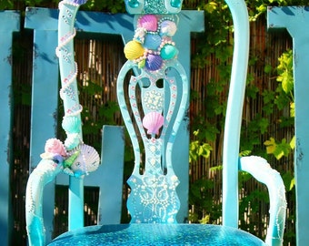 Cute Mermaid accent chair shells crystals and pearls decoration scale fish fabric