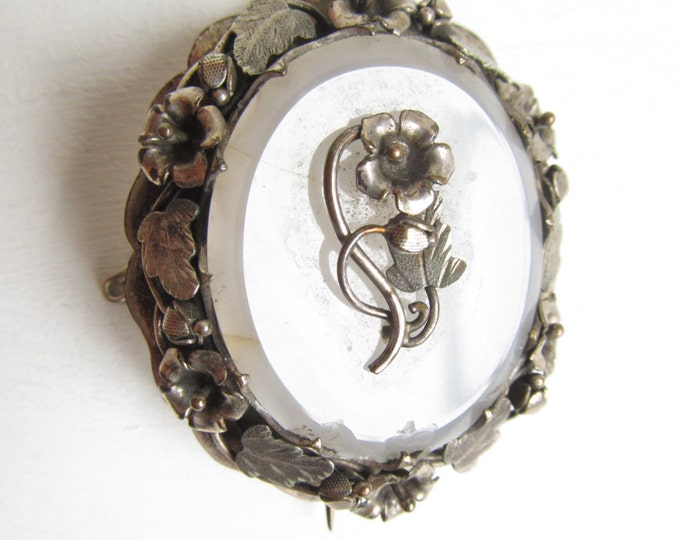 Metalwork flower brooch, Vintage toleware white natural stone large brooch with safety chain, original gift idea for her