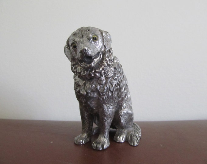 Victorian dog pepperette, antique dog shaker, Victorian novelty pepper shaker, silver plated dog figurine, dog figurine with glass eyes