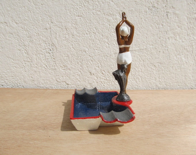 Art Deco ashtray, trinket dish, ring dish, ring tree, 1930s African American swimmer figurine, vintage pinup girl in bathing suit pindish