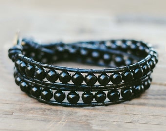 Leather wrap bracelet, Agate bracelet, Beadwork bracelet, Natural stone bracelet