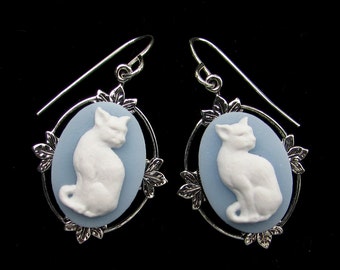 Cameo Cat Earrings Blue and White Sterling Silver Earwires