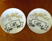 Mr Mrs hand painted vintage porcelain saucer pair with hangers recycled tattoo style couples wedding gift display decor