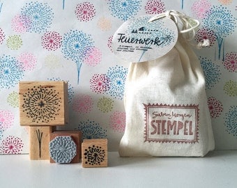 Rubberstamp Set - Fireworks - 4 Stamps in handprinted linen bag