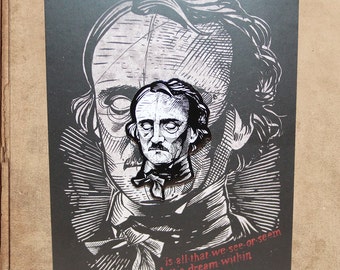 Edgar Allan Poe Hard Enamel Pin 1.5" on backing card
